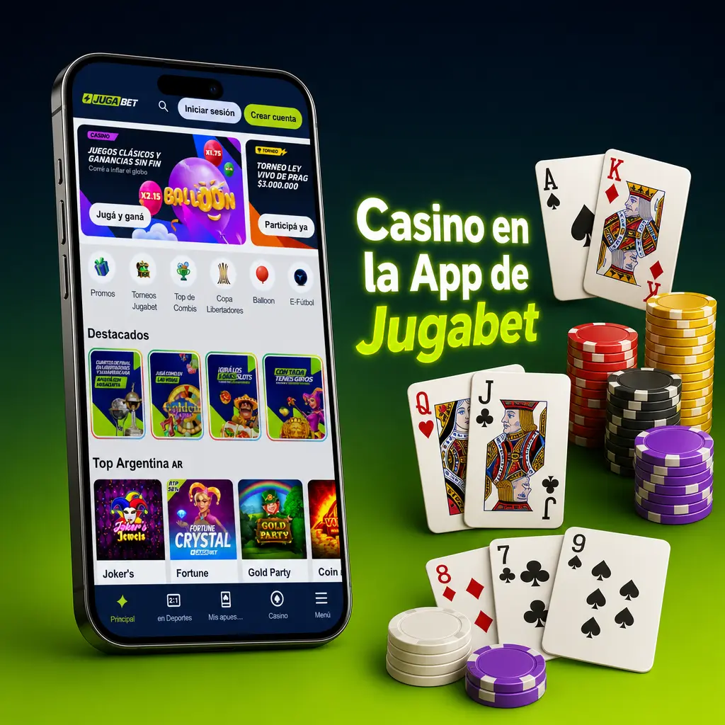 Sección de casino en la app de Jugabet con tragamonedas, ruleta y blackjack de Pragmatic Play y Evolution Gaming